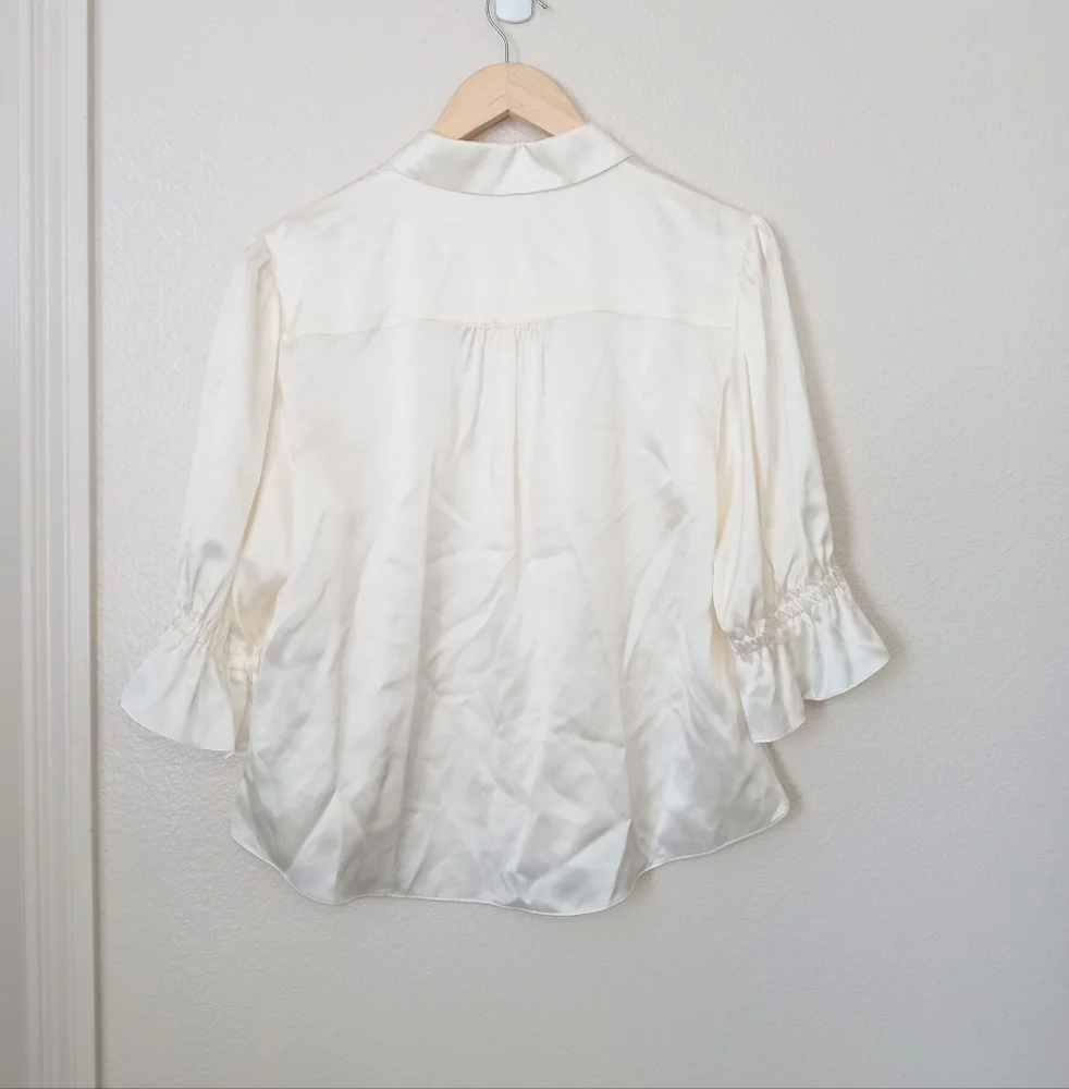 Cinq à Sept Silk Fiona Satin Cinched Sleeve Blouse Top Ivory